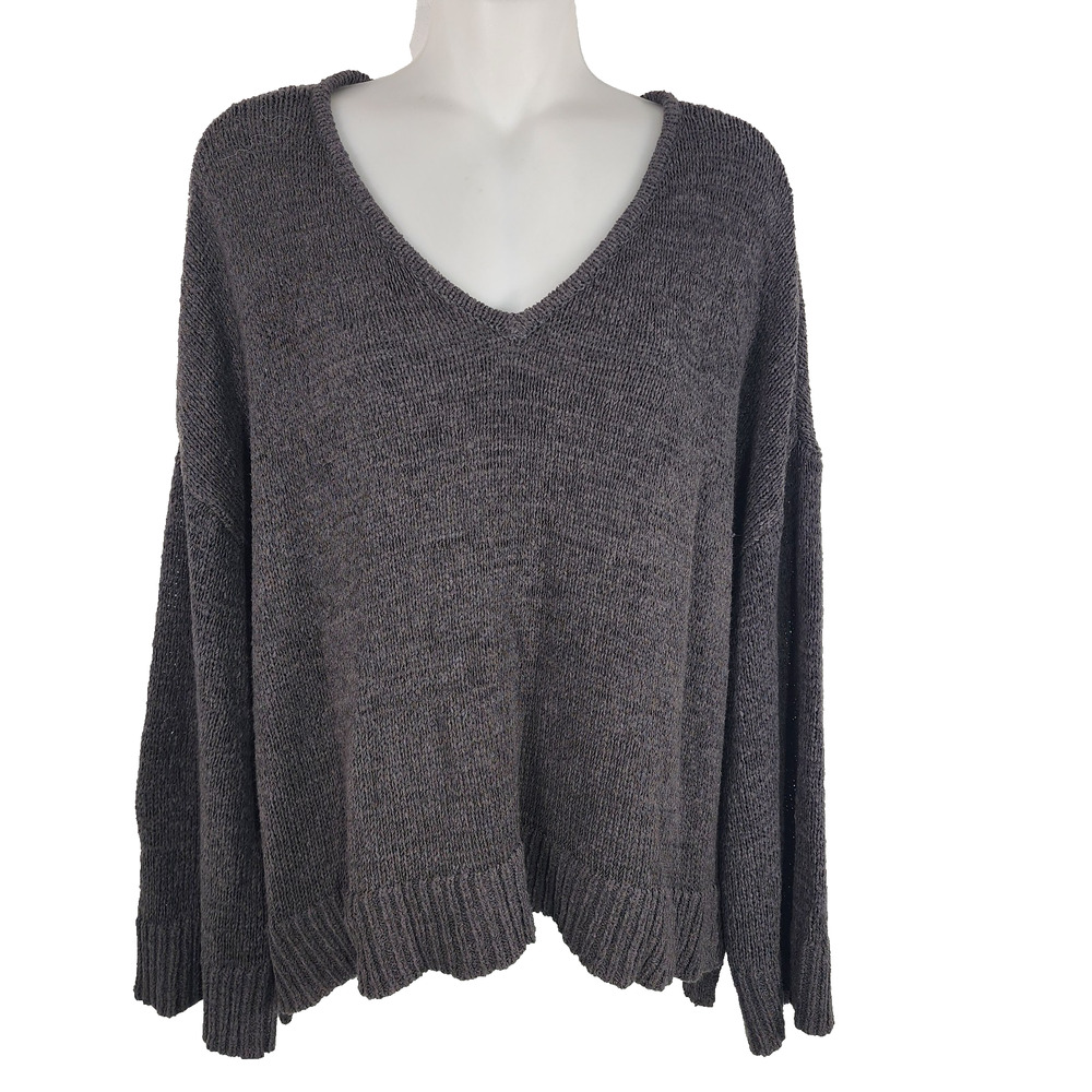 LOFT Womens Pullover Sweater Oversized Large Gray Long Sleeve V Neck Knit Slouch